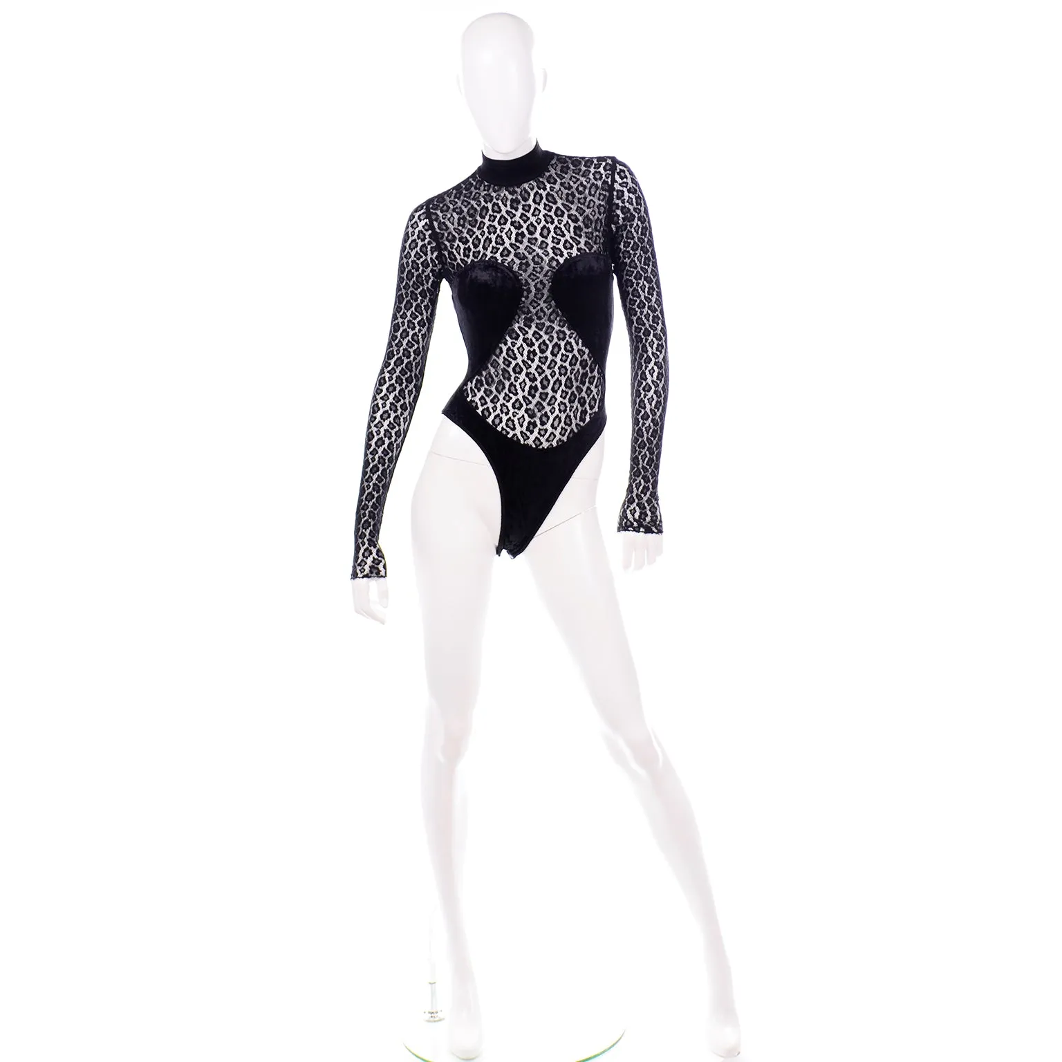 F/W 1991 Alaia Runway Sheer Black Animal Print Lace & Velvet Bodysuit Top