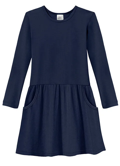 Girls Soft Cotton Jersey Long Sleeve Drop Waist Dress