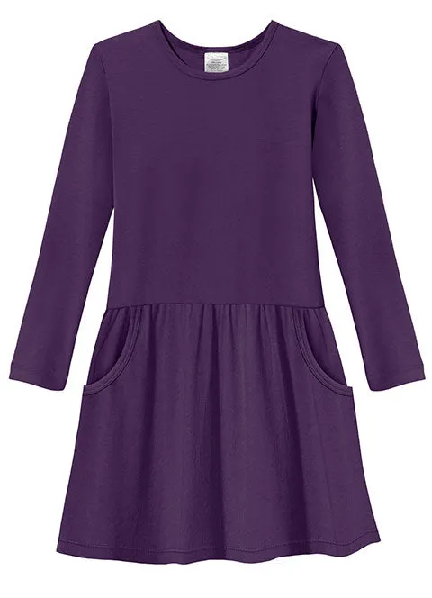 Girls Soft Cotton Jersey Long Sleeve Drop Waist Dress
