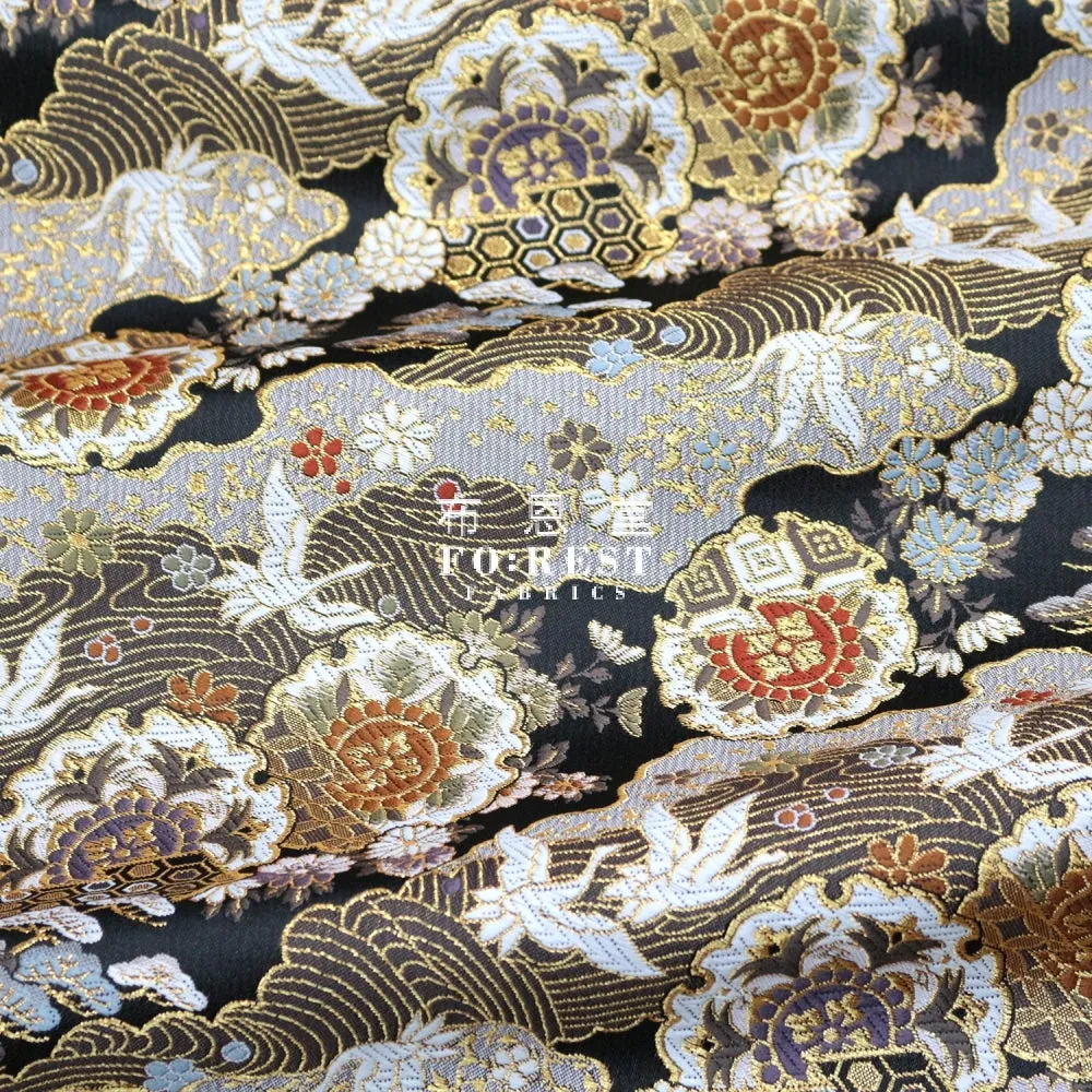 Gold Brocade - Cloud Crane 仙雲鶴 fabric Black