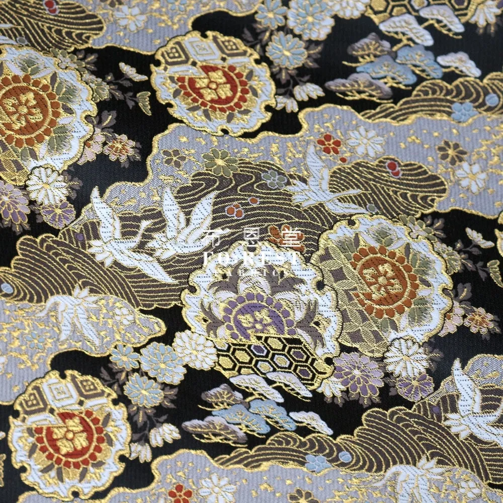 Gold Brocade - Cloud Crane 仙雲鶴 fabric Black