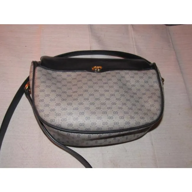 Gucci Vintage Navy Blue Small G Logo Print On Coated Canvas And Navy Leather