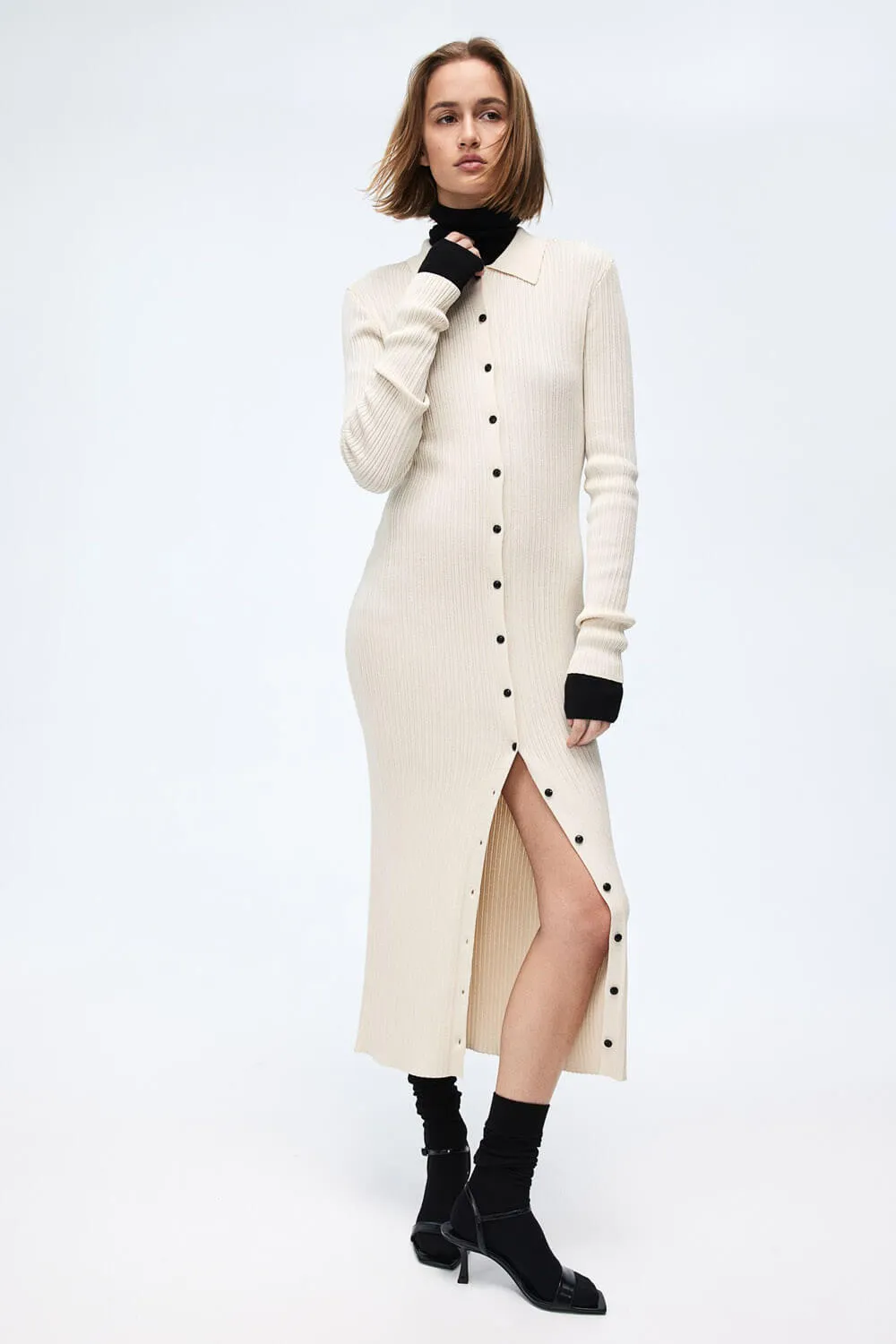 H&M Rib-knit Button-front dress, cream
