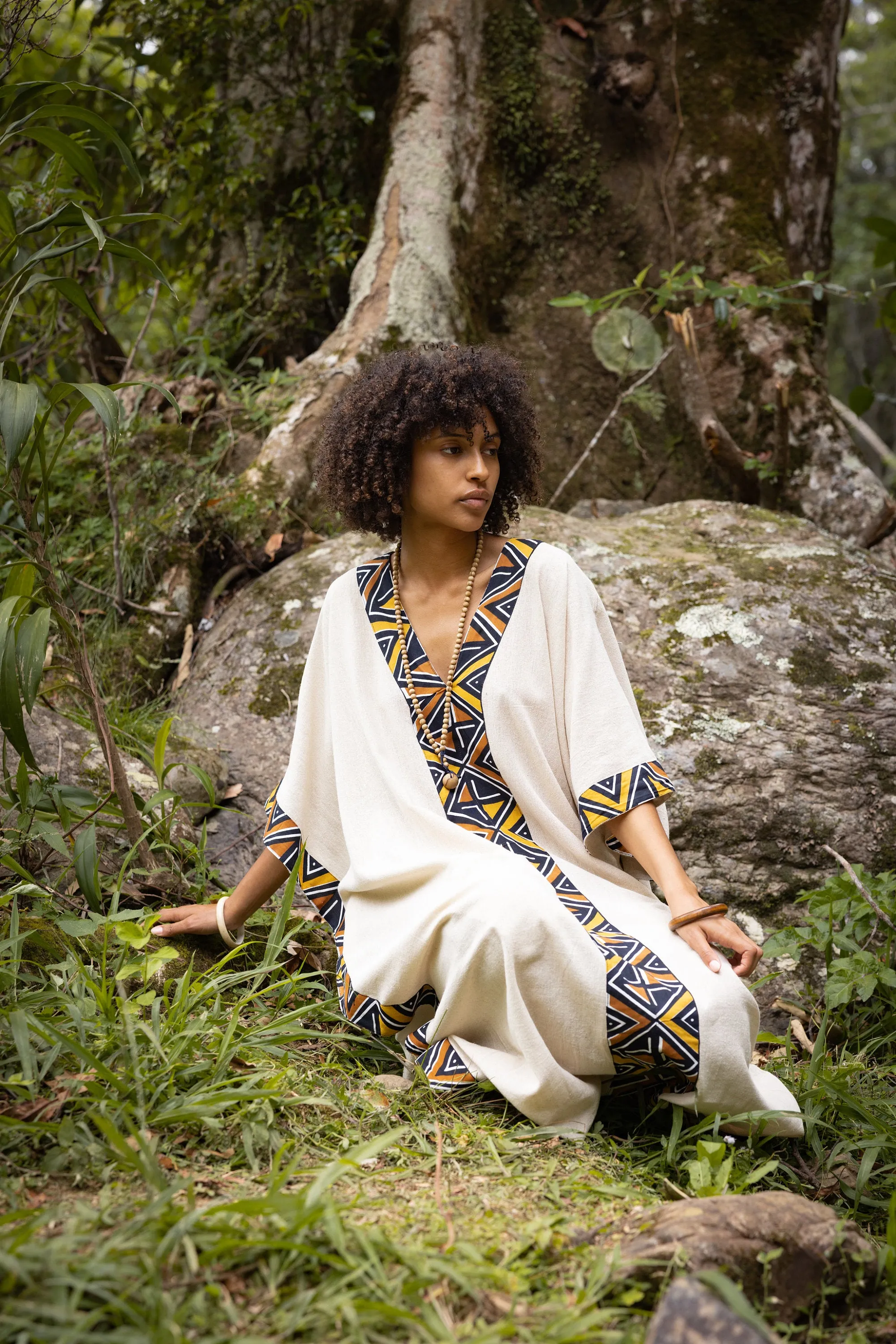 KAFATU Womens Beige Kaftan Dress Maxi African Tribal Patterns Handmade Robe Natural Cotton with Pockets Ceremony Ritual Festival Boho AJJAYA