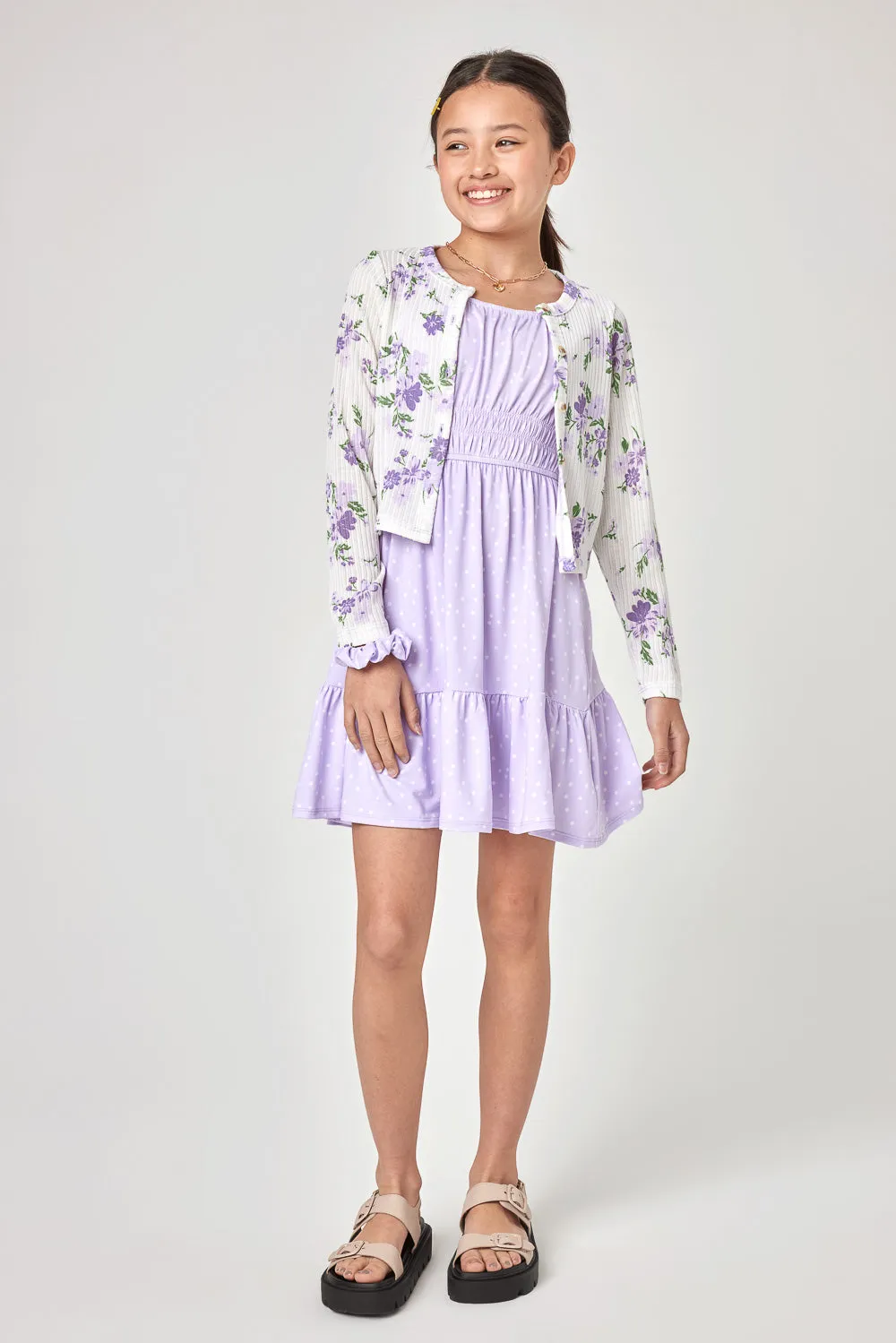 Kids Purple Floral Cardigan and Dress Set