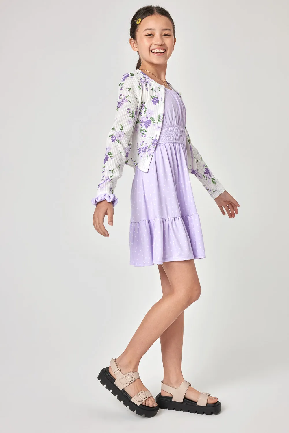 Kids Purple Floral Cardigan and Dress Set