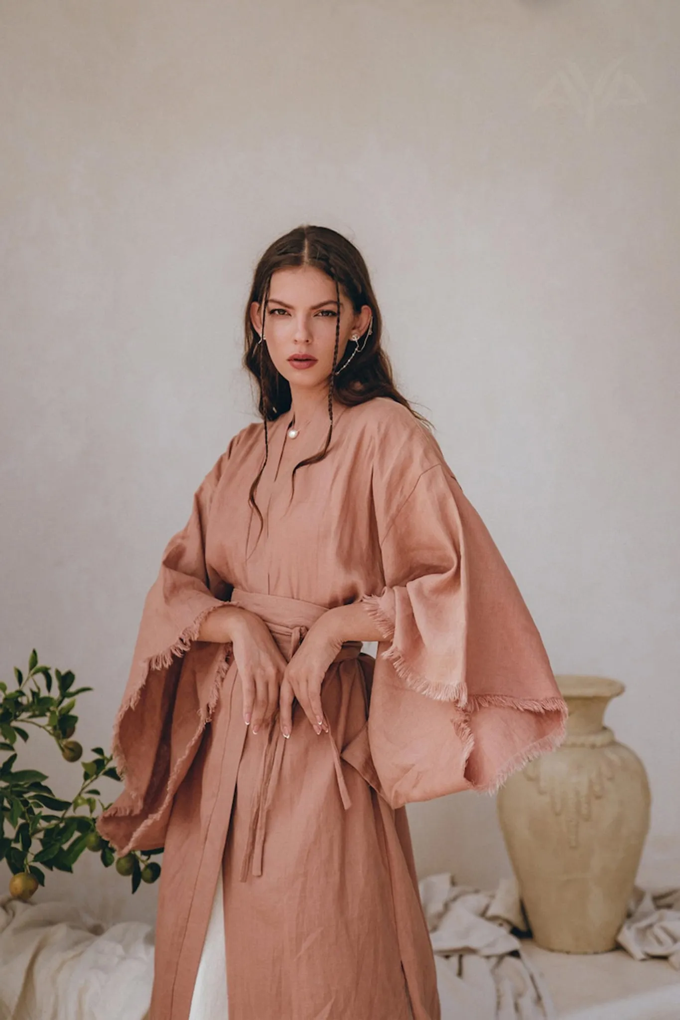 Linen Cardigan Women • Dusty Pink Overcoat • Boho Wrap Cardigan with Belt
