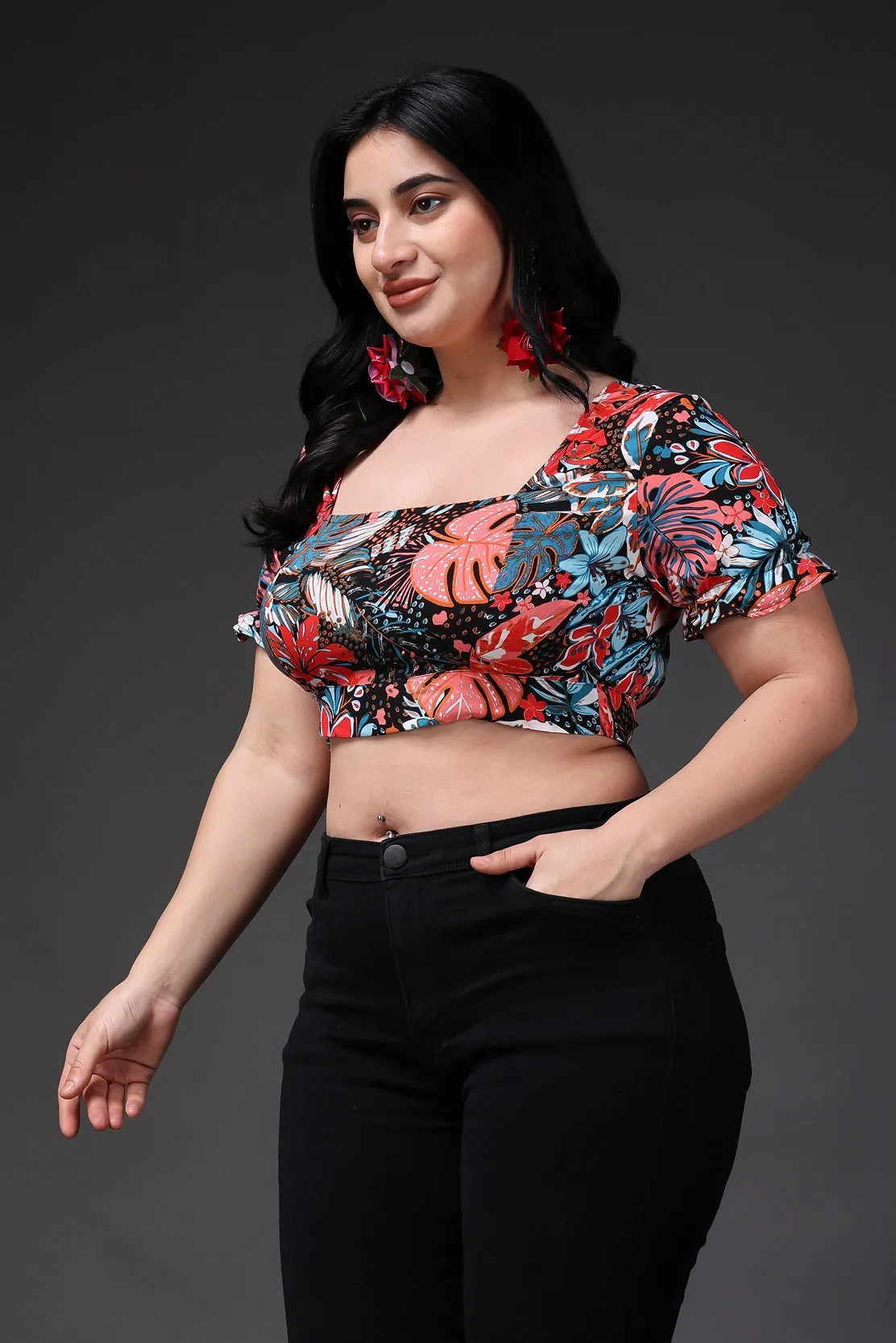 Multicolored Leaf Printed Crop Top
