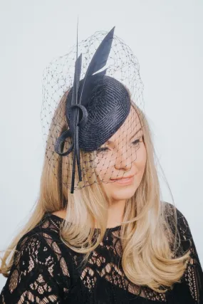 Navy Teardrop Net Veiled Pillbox Fascinator
