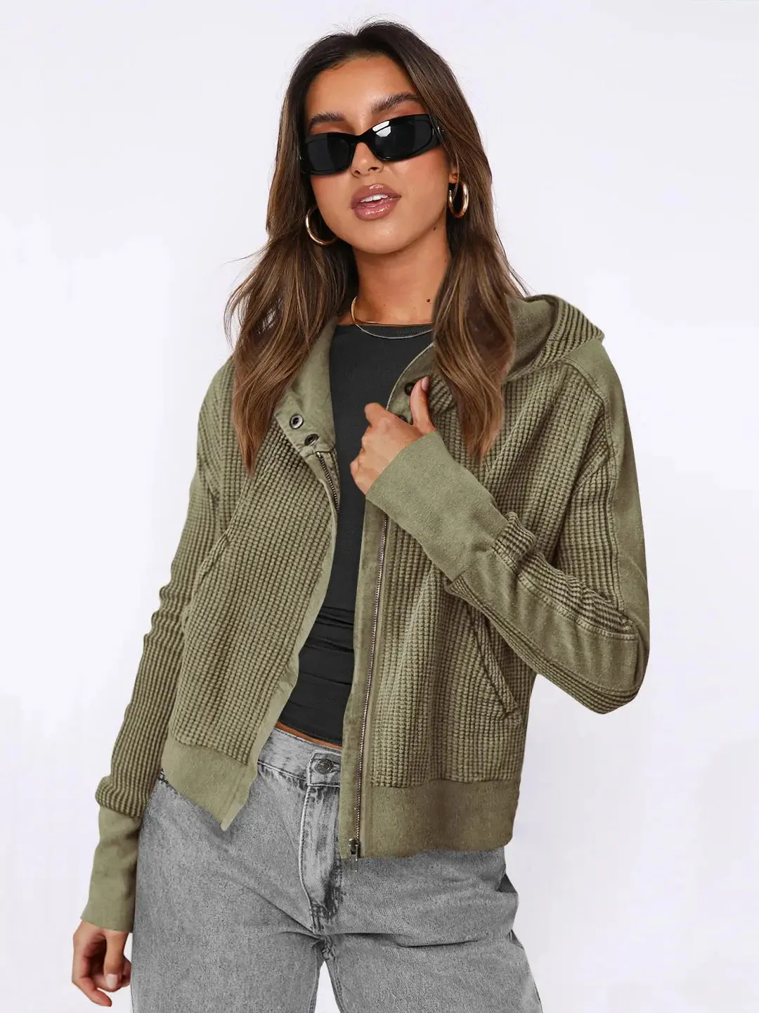 Patchwork Sweater Long Sleeve Cardigan Casual Zipper Top