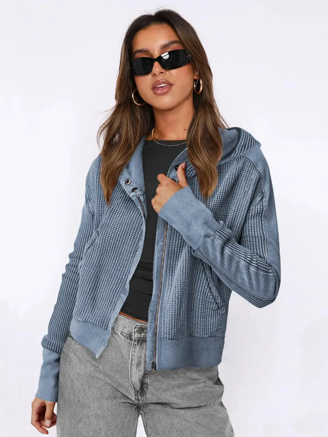 Patchwork Sweater Long Sleeve Cardigan Casual Zipper Top