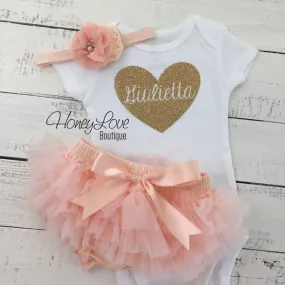 PERSONALIZED Name inside Heart - Gold glitter and Peach