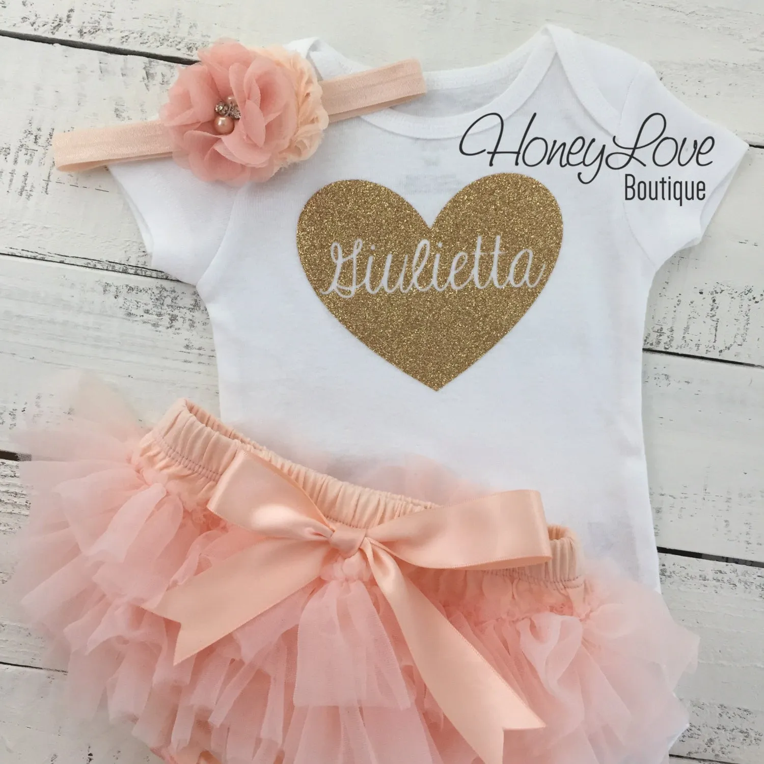 PERSONALIZED Name inside Heart - Gold glitter and Peach