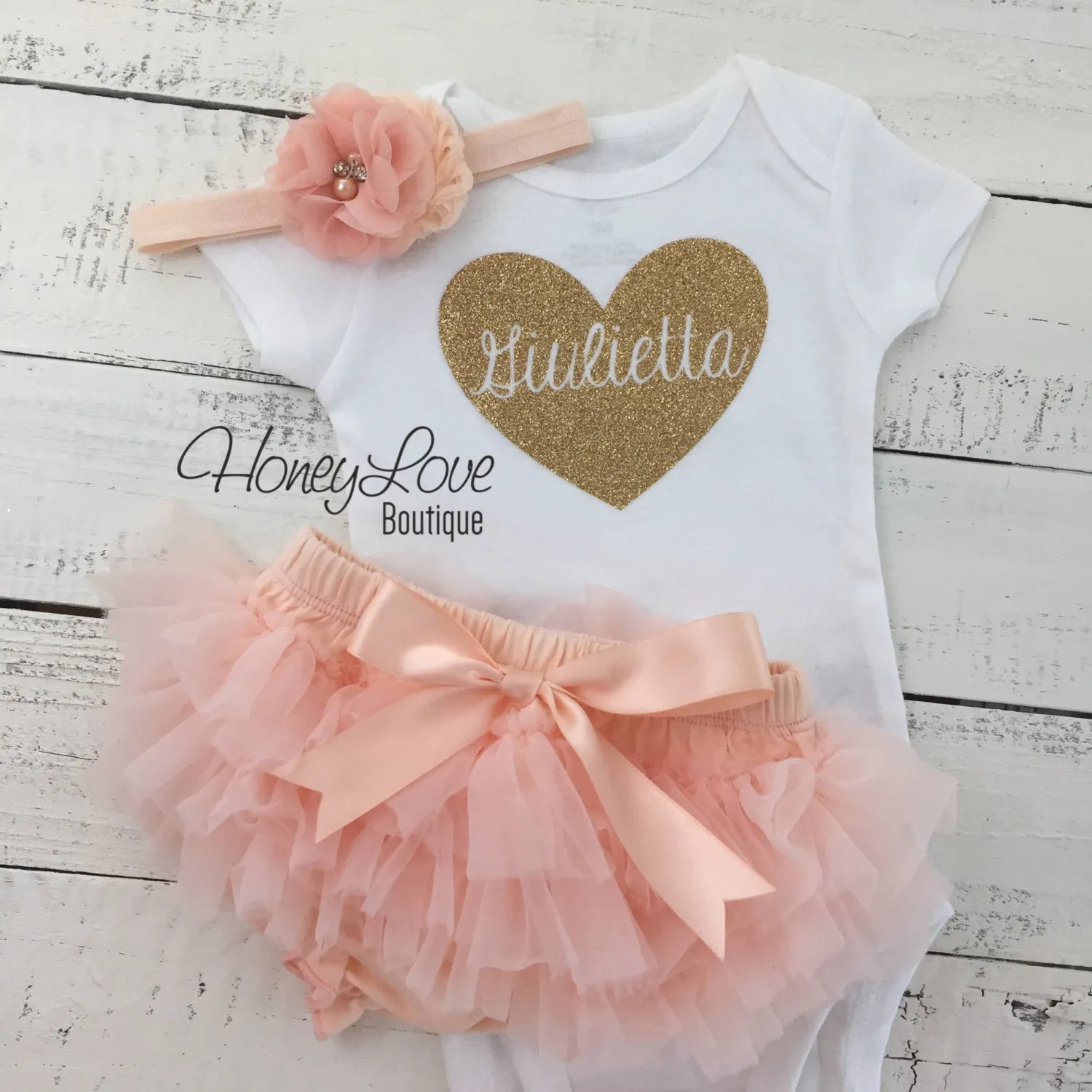 PERSONALIZED Name inside Heart - Gold glitter and Peach