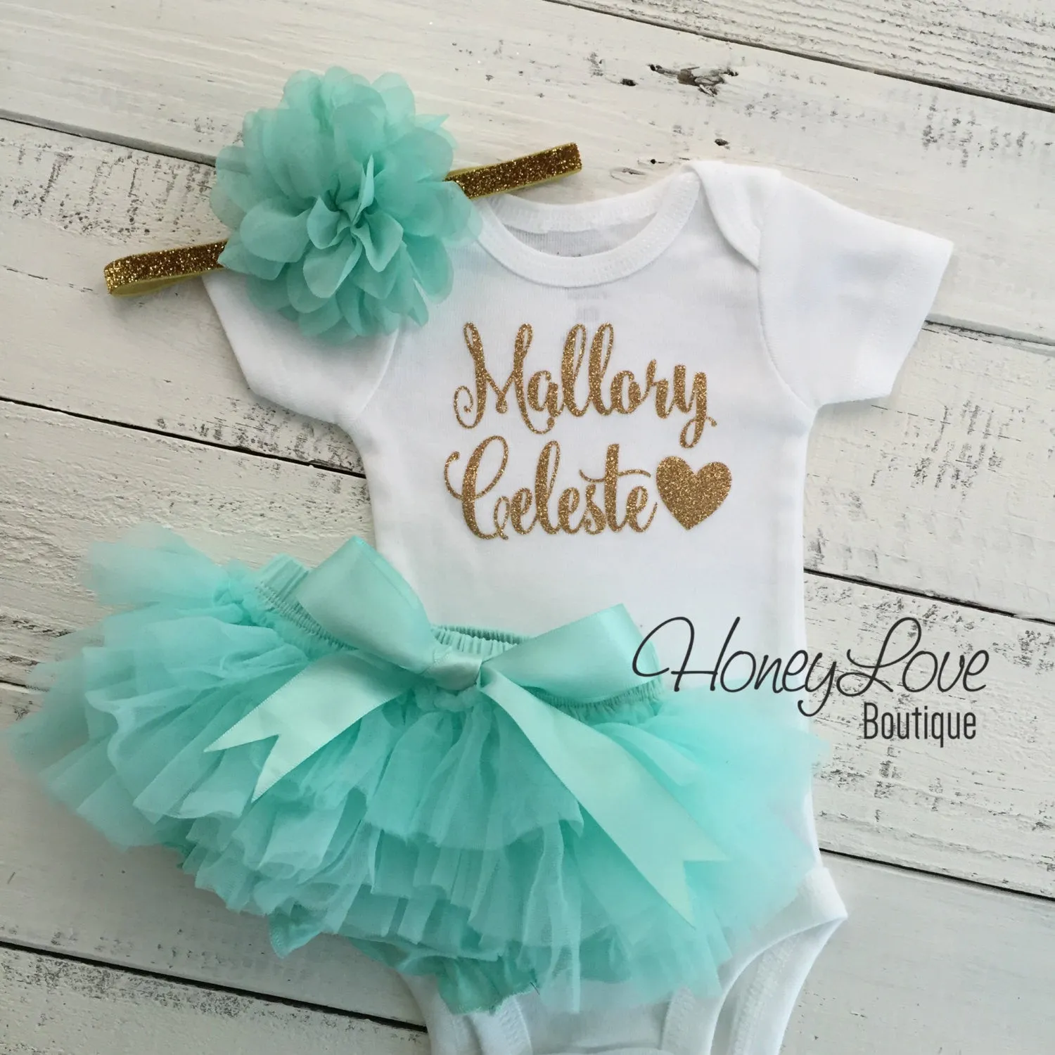 PERSONALIZED Name Outfit - Gold Glitter and Mint/Aqua