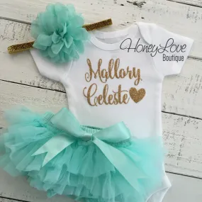 PERSONALIZED Name Outfit - Gold Glitter and Mint/Aqua