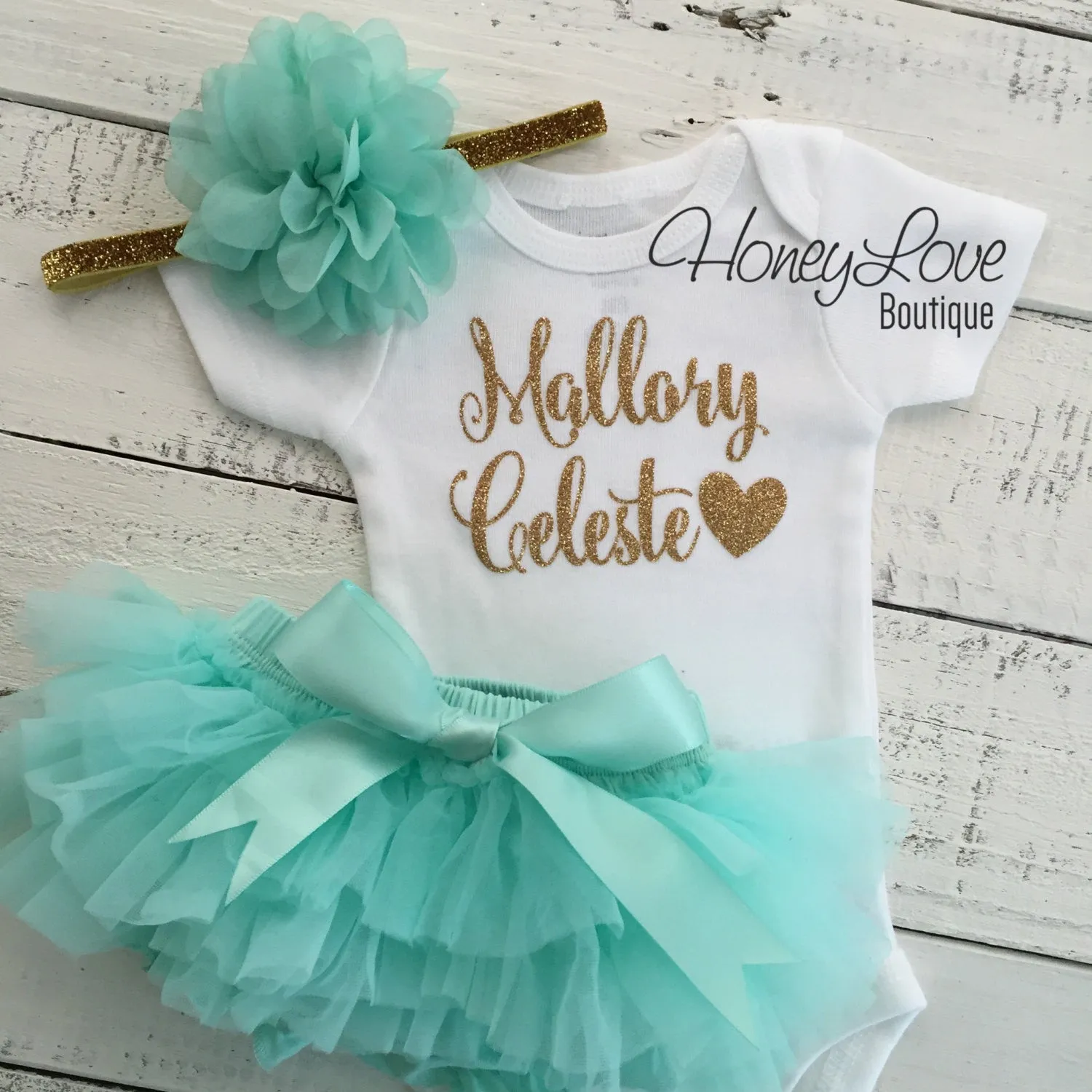 PERSONALIZED Name Outfit - Gold Glitter and Mint/Aqua
