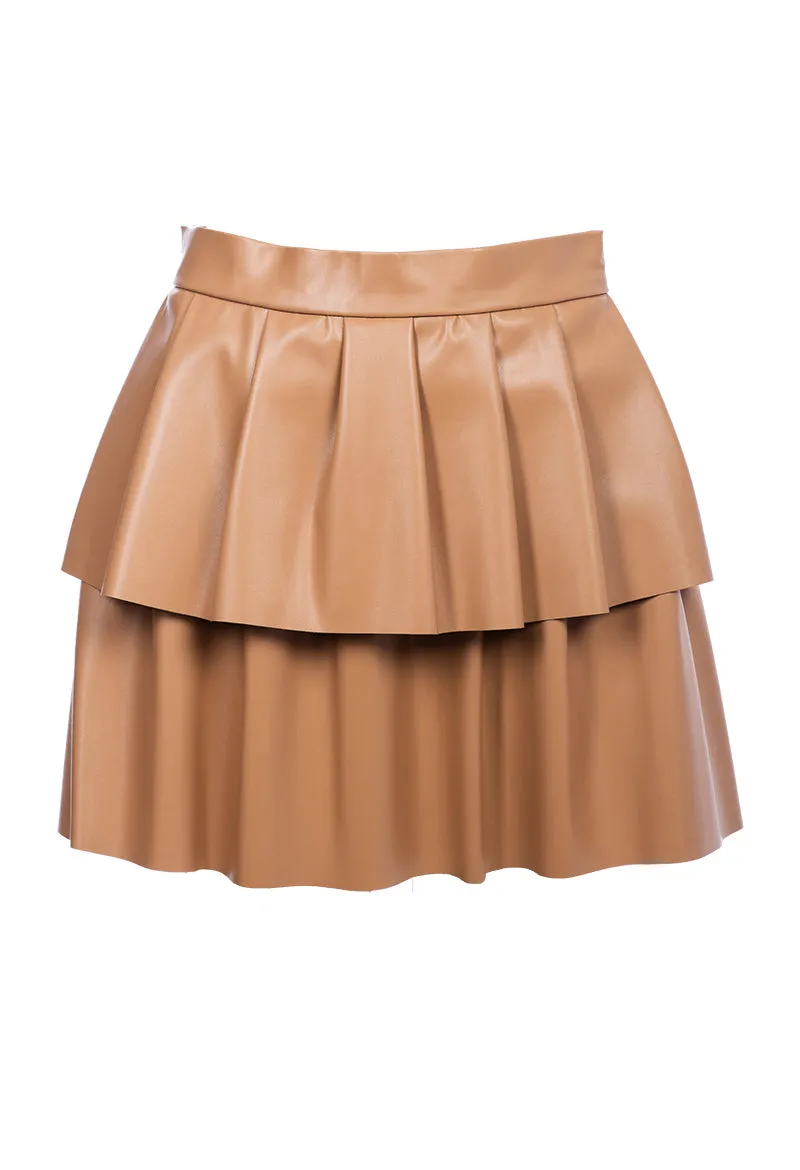 Pleated Eco Leather Mini Skirt - Beige