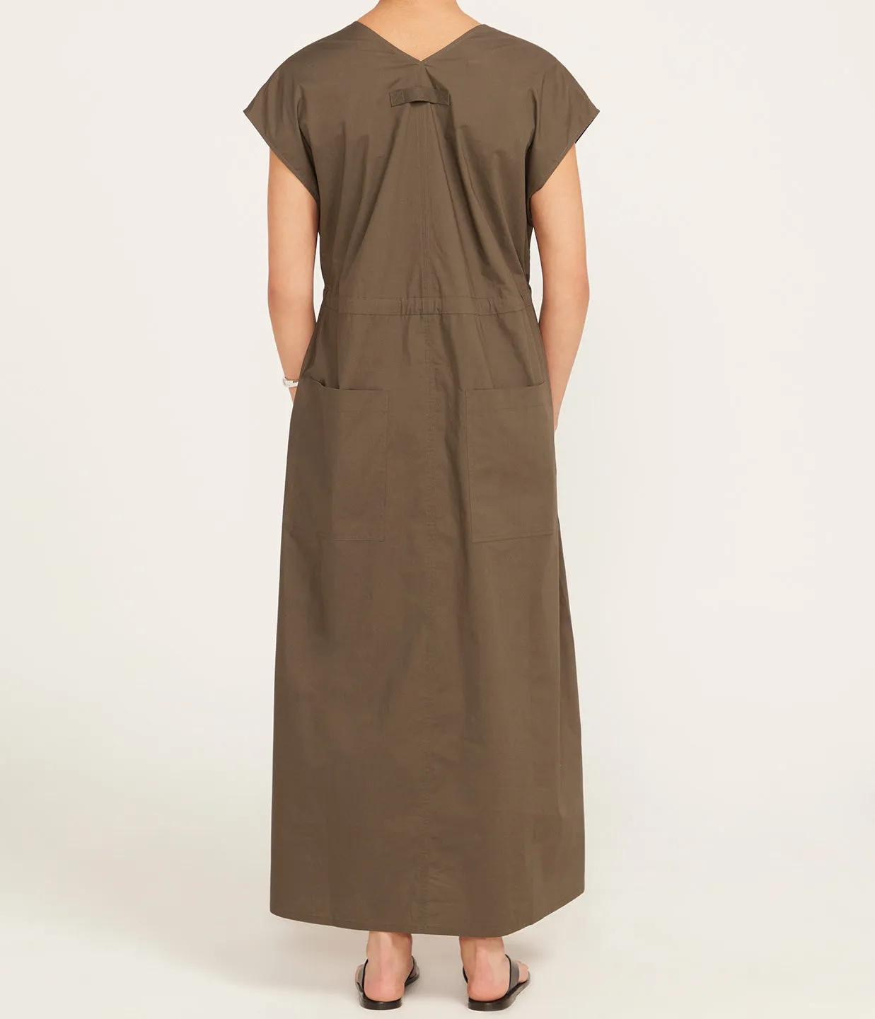 Poplin V Neck Dress in Olive