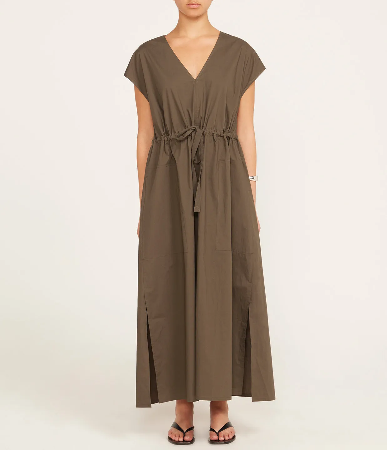 Poplin V Neck Dress in Olive