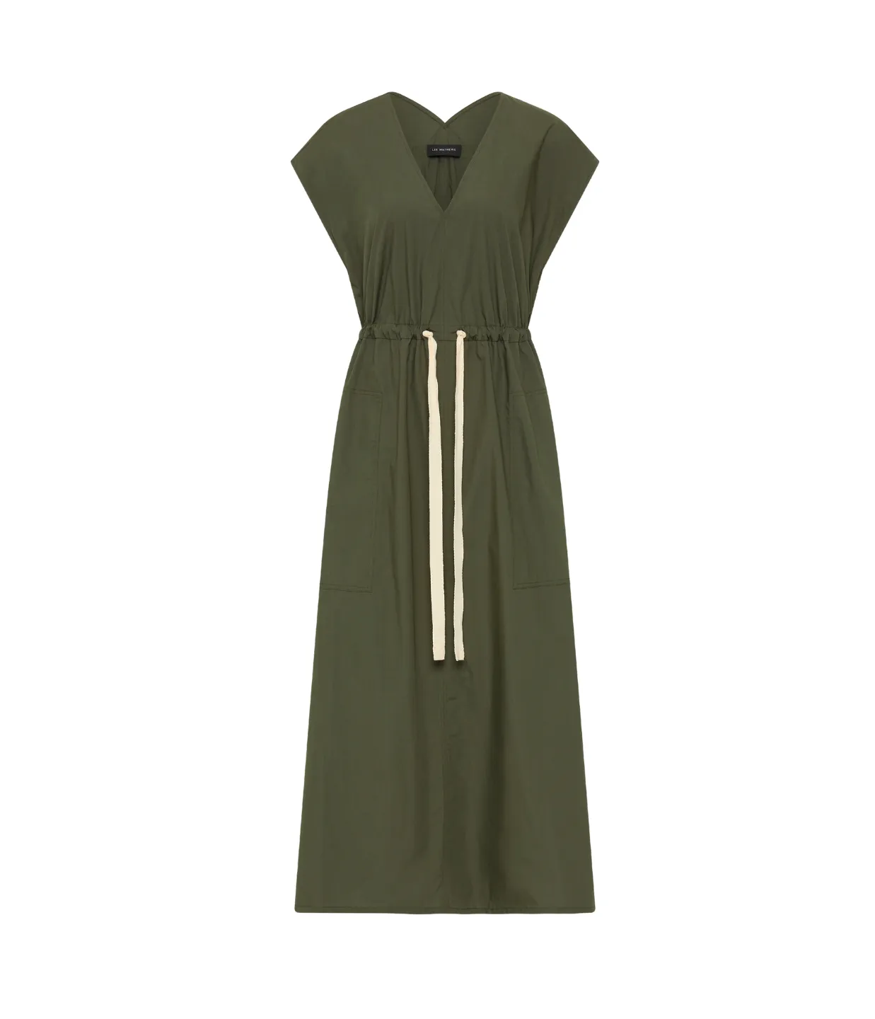 Poplin V Neck Dress in Olive