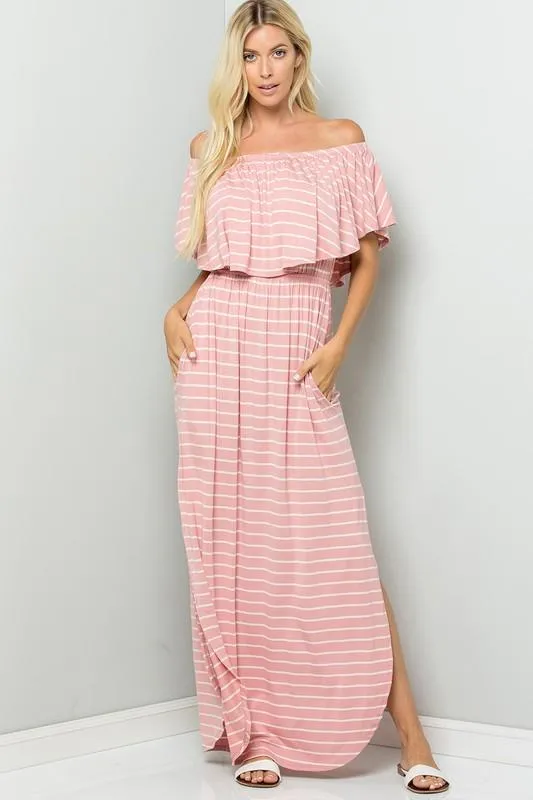 Pre-Order Off-shoulder Striped Maxi Dress