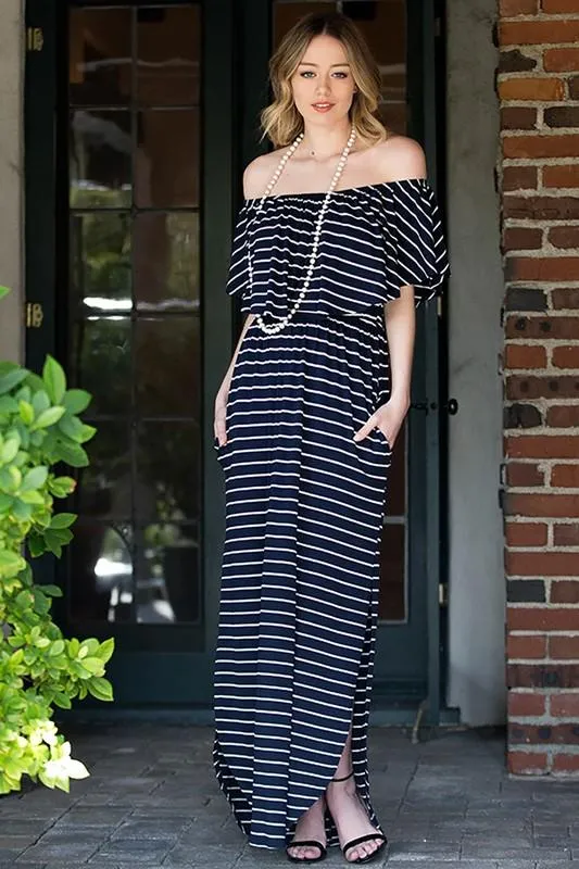Pre-Order Off-shoulder Striped Maxi Dress