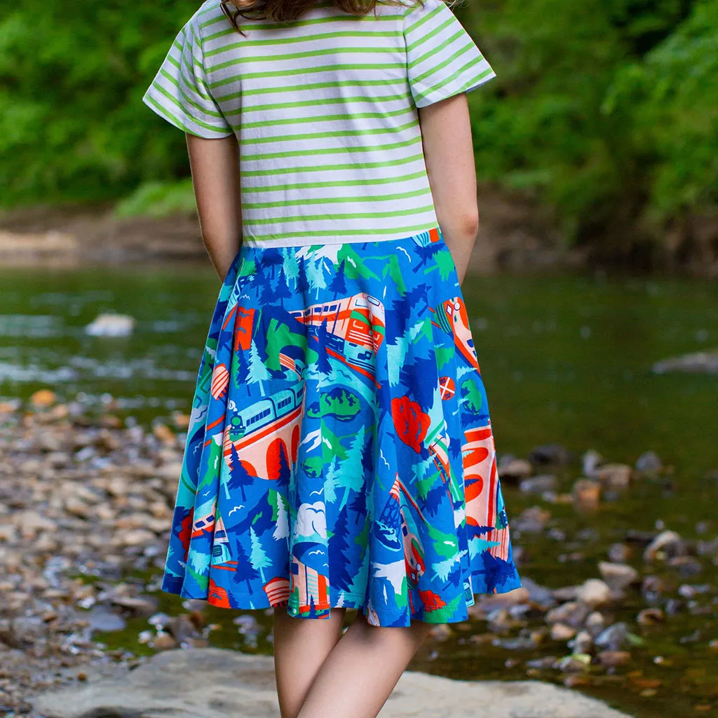 "All Aboard for Adventure" Trains Short Sleeve Super Twirler Play Dress with Pockets