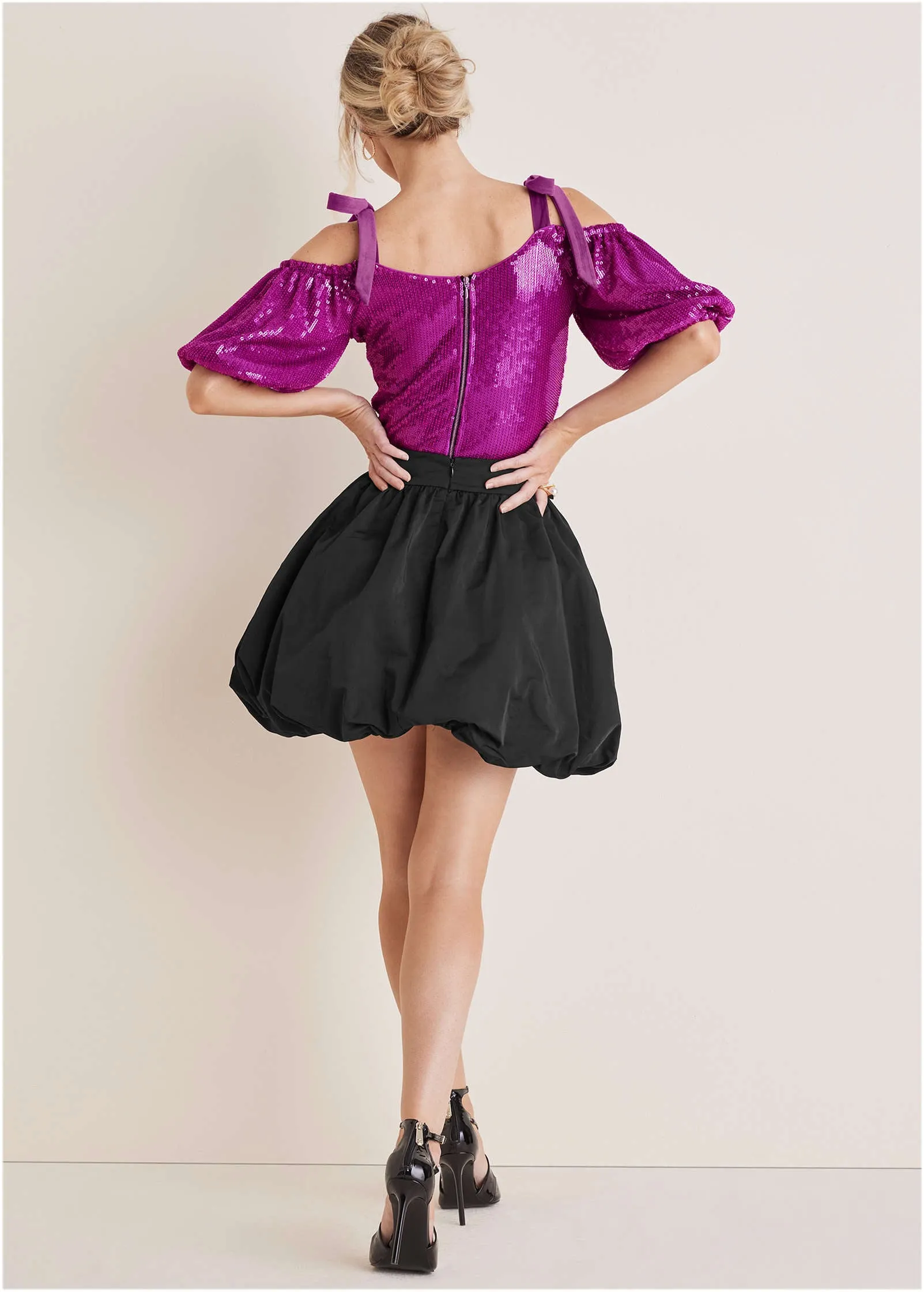Sequin Velvet Bow Top  - Cattleya Orchid