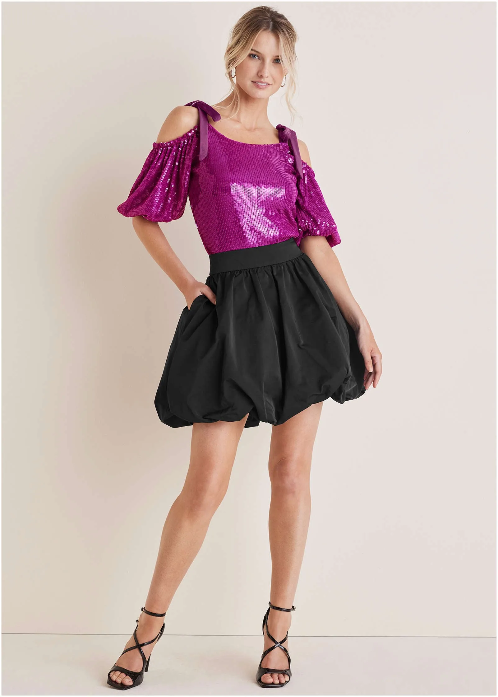Sequin Velvet Bow Top  - Cattleya Orchid