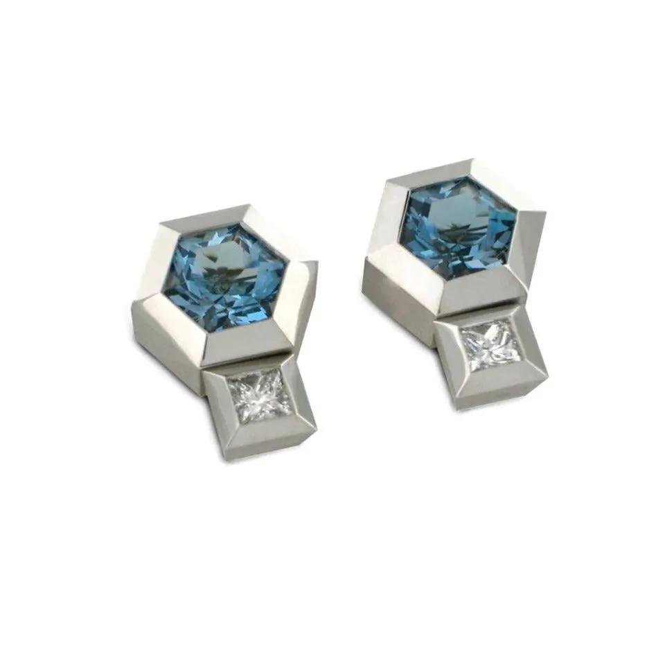 Series 27 | Hex Stud Earrings, Aquamarine, Diamond Jackets in 18k White