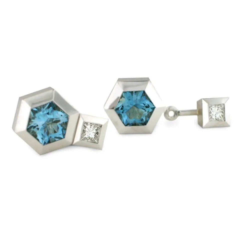 Series 27 | Hex Stud Earrings, Aquamarine, Diamond Jackets in 18k White