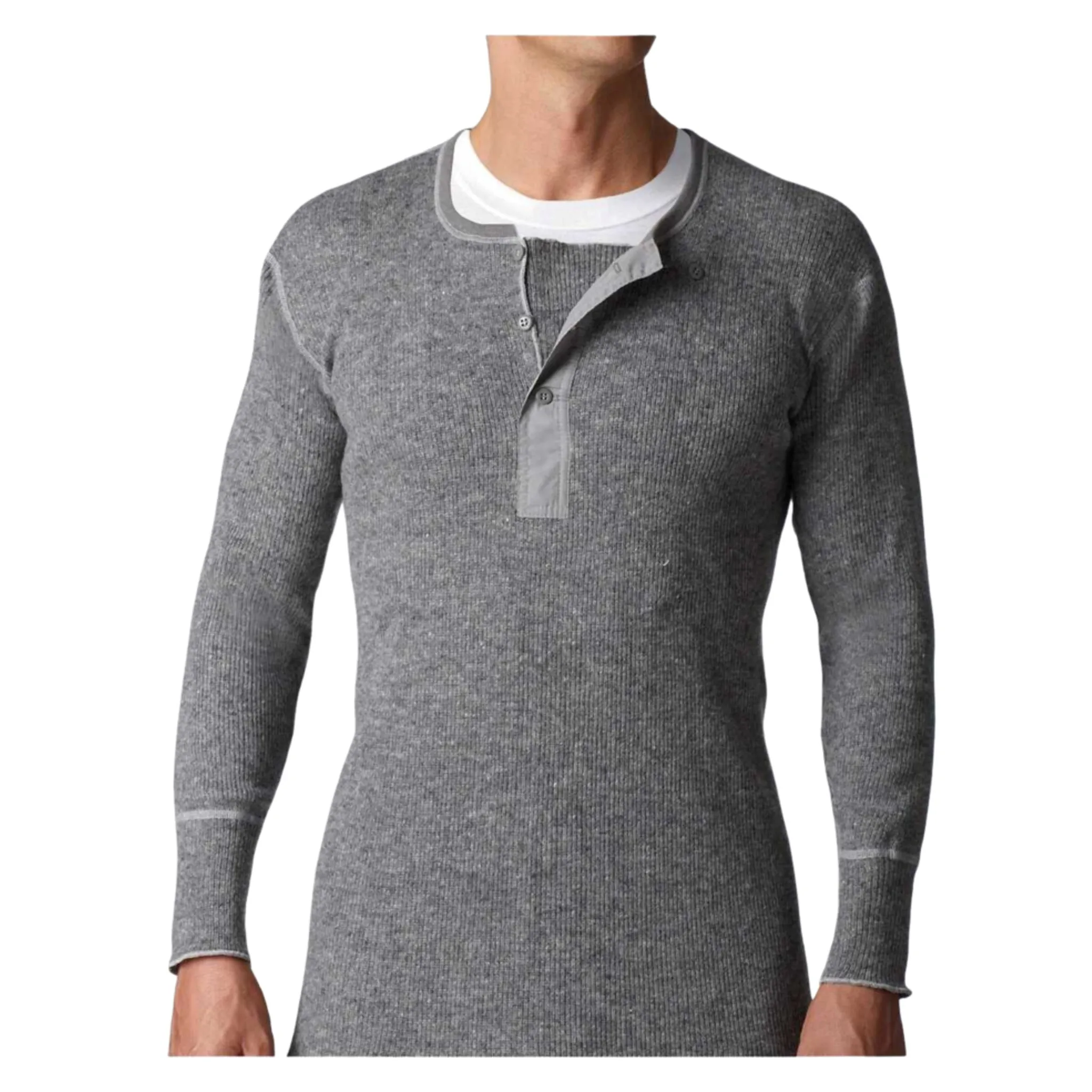 Stanfield's Men's Heavy Weight Wool Long Sleeve Henley 1315 - Grey, 80% Wool/20% Nylon, Military Shoulders, Ultimate Warmth & Durability | Sizes S-2XL
