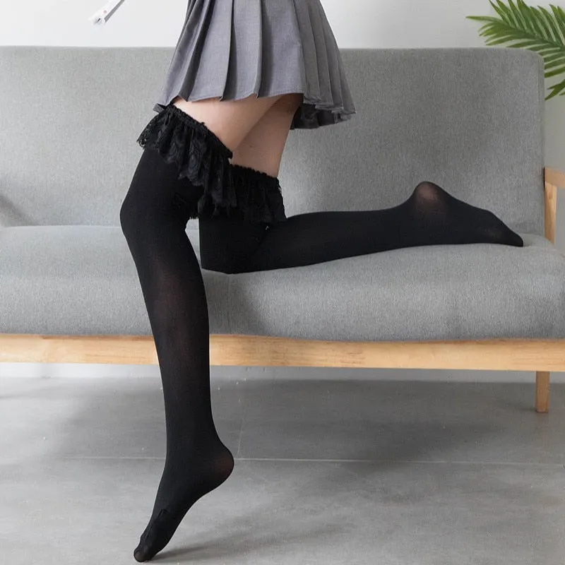 VenusFox Women's Tights Classic Lace Velvet Thigh High Ladies Girl‘s Lolita Over Knee Socks Vintage Lace Stockings Thigh highs