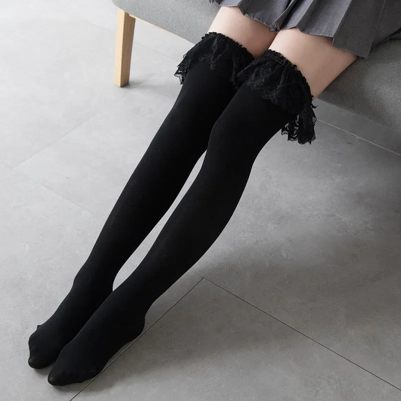 VenusFox Women's Tights Classic Lace Velvet Thigh High Ladies Girl‘s Lolita Over Knee Socks Vintage Lace Stockings Thigh highs