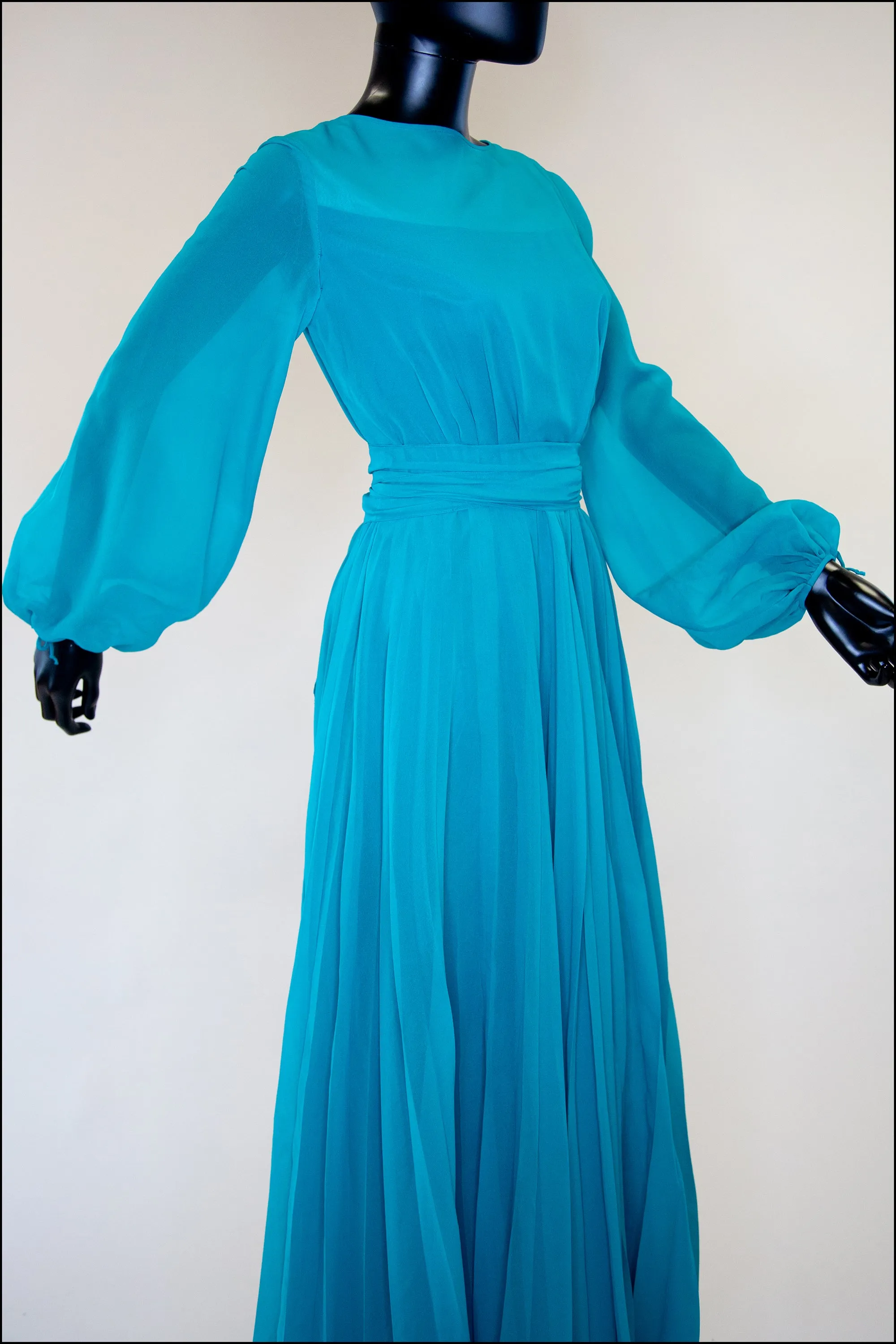 Vintage 1970s Teal Blue Chiffon Gown