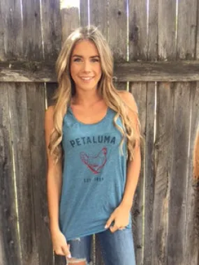 Women's Flowy Racerback Tank- Heather Teal with Luma Vintage Petaluma Chicken