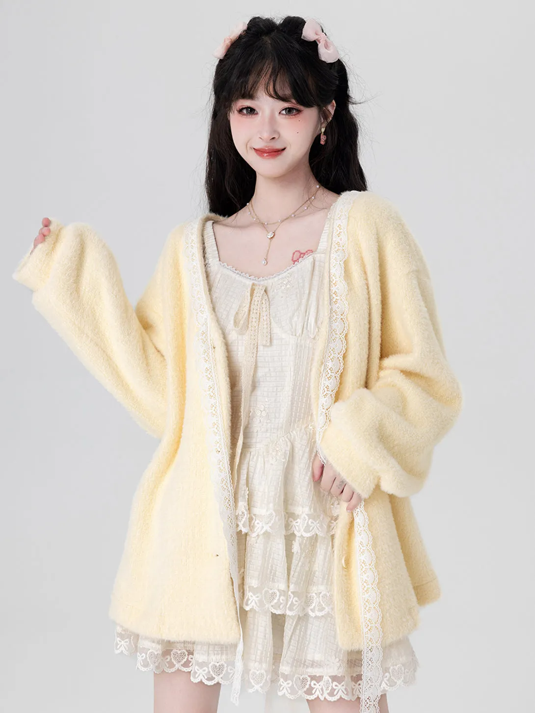 Yellow / Purple Fluffy Mink Wool Cardigan Sweater