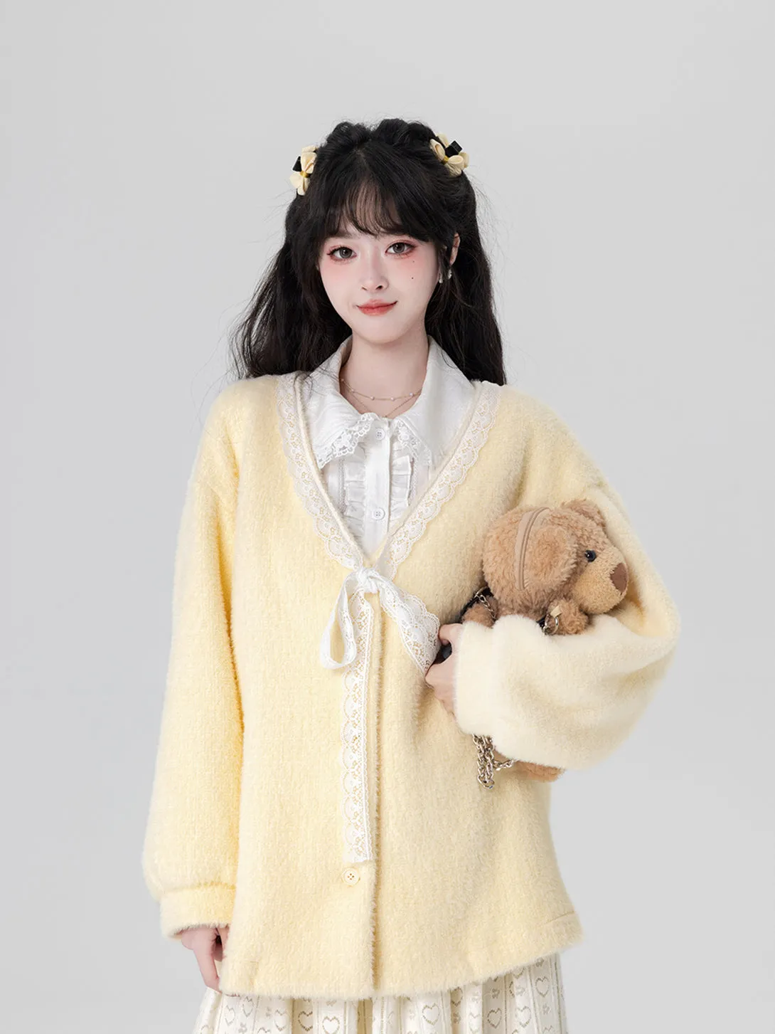 Yellow / Purple Fluffy Mink Wool Cardigan Sweater
