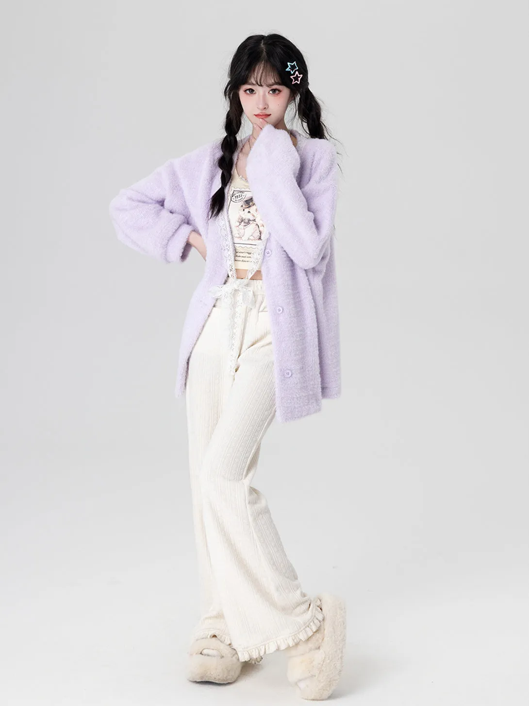 Yellow / Purple Fluffy Mink Wool Cardigan Sweater
