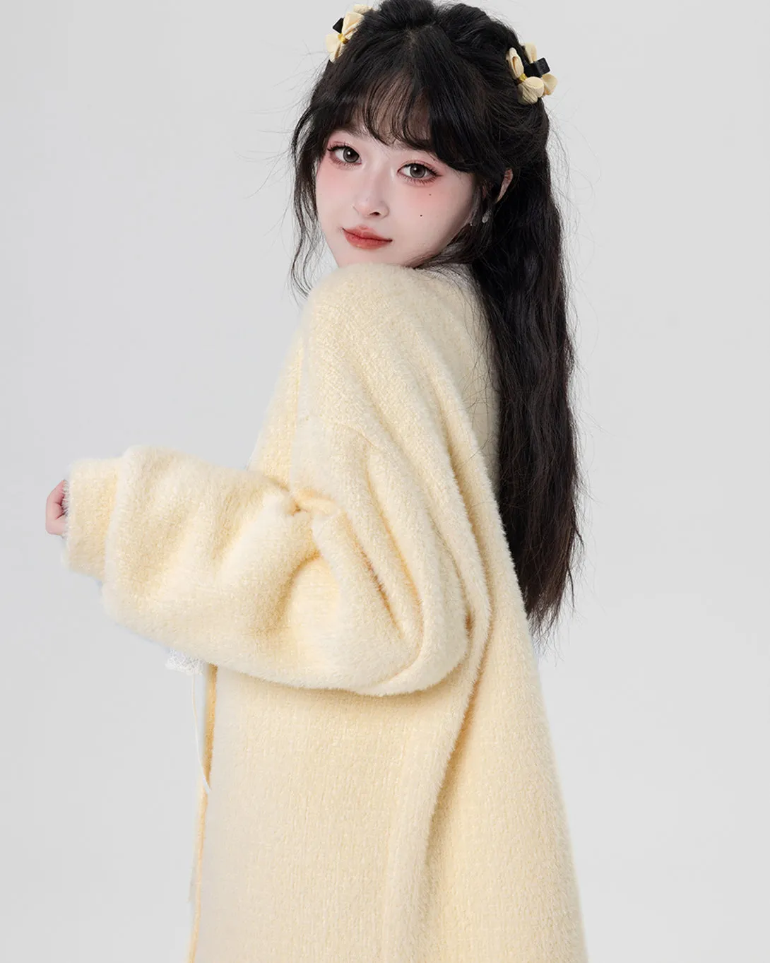 Yellow / Purple Fluffy Mink Wool Cardigan Sweater